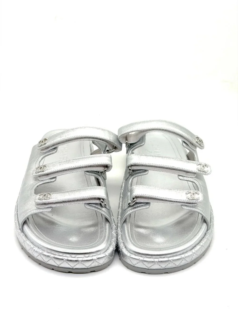 CHANEL 25C Laminated Leather Crystal CC Platform Flat Mules Slide Dad Sandals